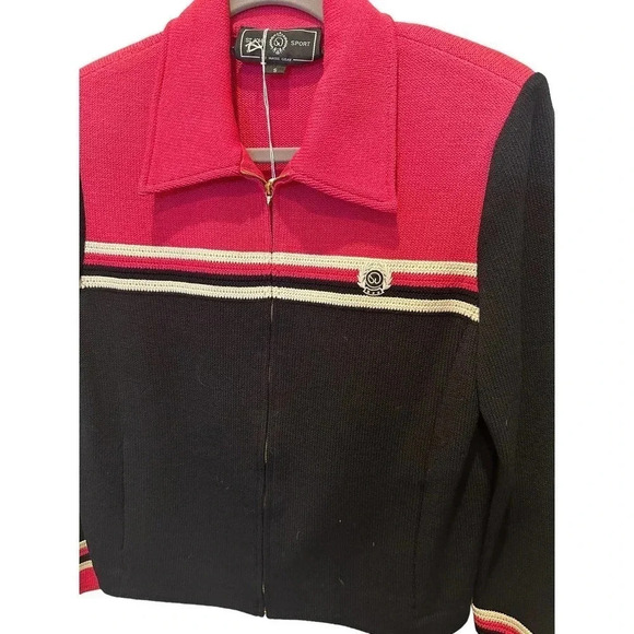 St.‎ John Sport Pink Black Striped Knit Collared Zip Up Jacket Size Small - Picture 1 of 6